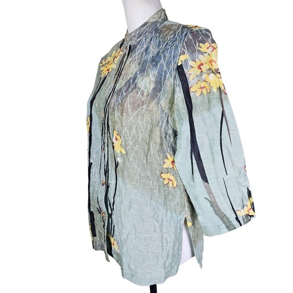 Citron Watercolor Floral Linen Silk Button Up Shirt XS Mandarin Collar Coastal - Picture 2 of 9